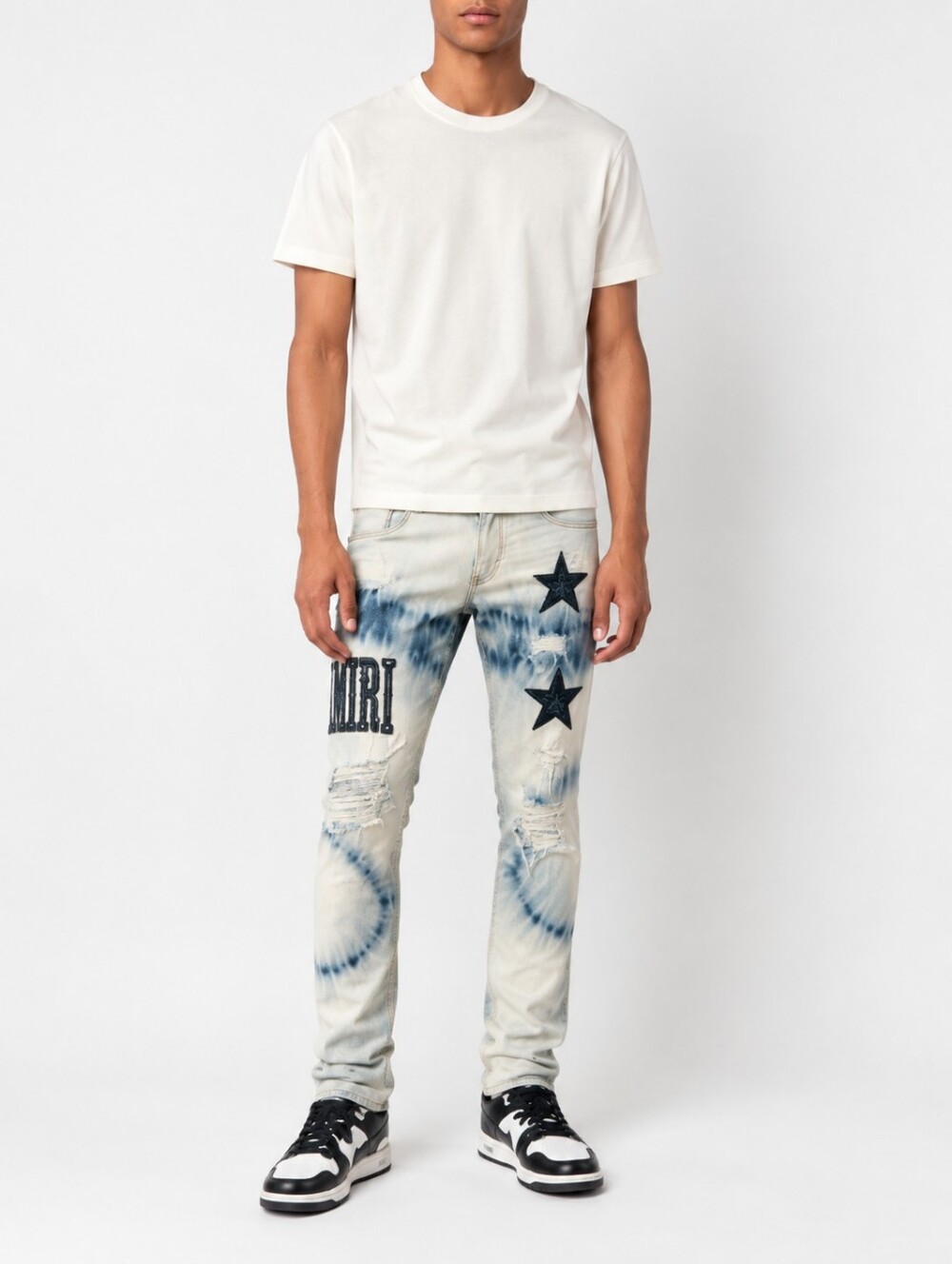 AMIRI Blue Tie Dye Star Patch Distressed Mens Skinny Denim Jeans